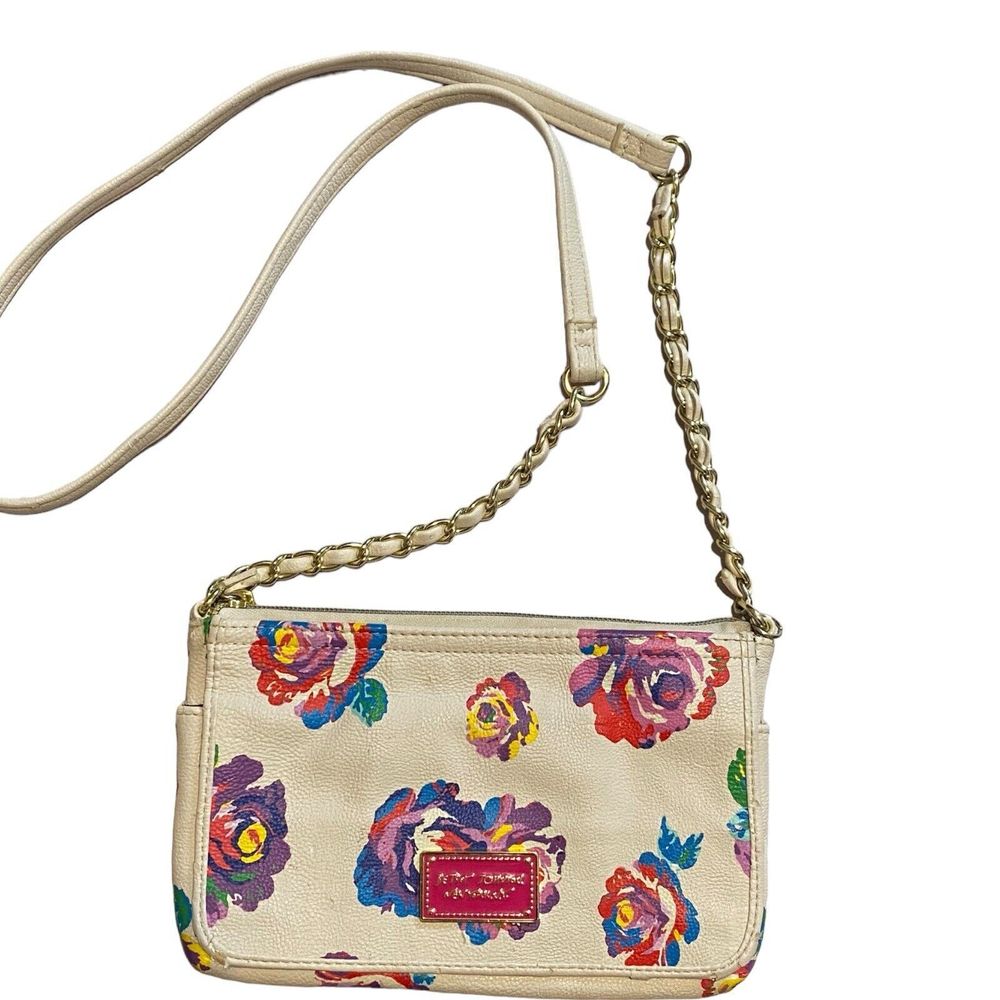 Betsey Johnson New York NY White Crossbody Purse Colorful Roses Floral Hand Bag